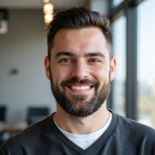 Fotografia professionale di un dietologo uomo, con barba curata, in una posa professionale e amichevole, in un ambiente moderno.