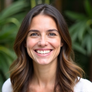 Fotografia professionale di una giovane dietista, con un sorriso aperto, in un ambiente naturale o con piante sullo sfondo.