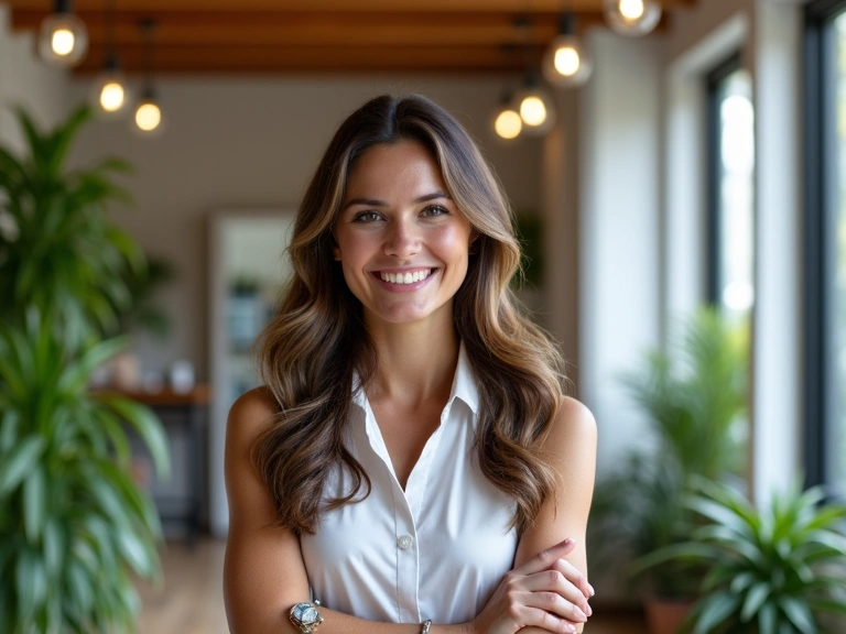 Una nutrizionista sorridente che saluta i clienti nel suo studio accogliente e moderno, con piante e luce naturale.