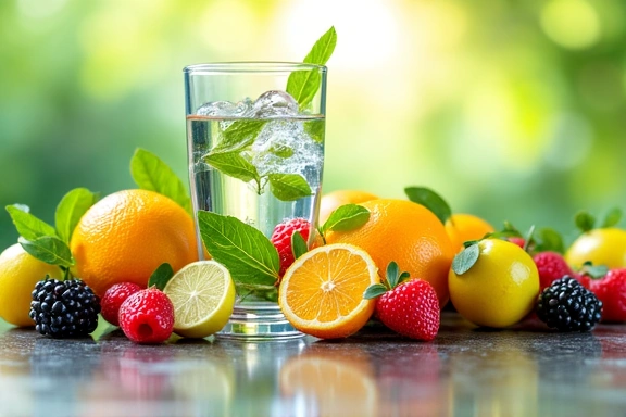 Simboli di salute e natura, foglie verdi, frutta fresca e acqua