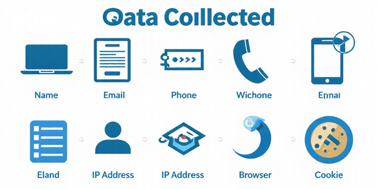 Icone che rappresentano diversi tipi di dati: nome, email, telefono, indirizzo IP, browser, cookie.