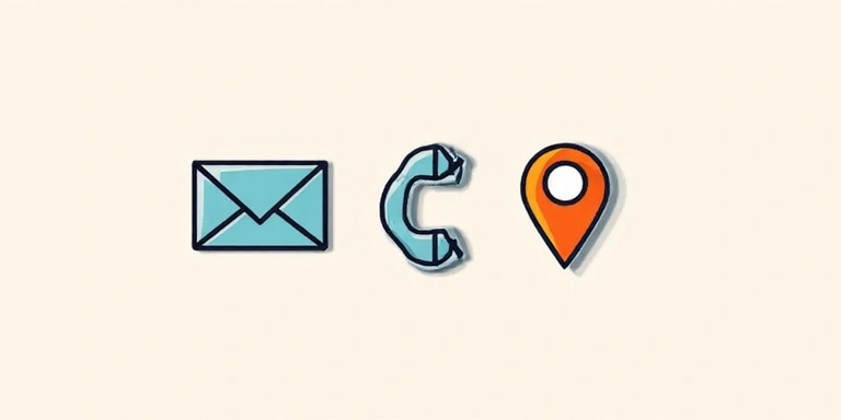 Icone di contatto: email, telefono, indirizzo, disposte in modo amichevole e accessibile.